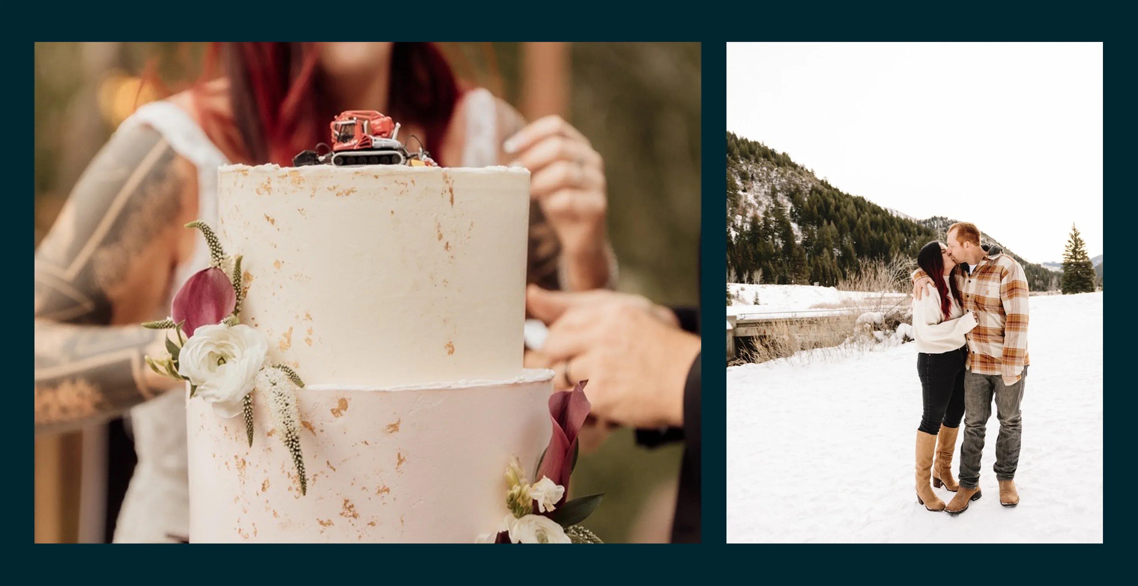A wedding cake with a PistenBully cake topper.