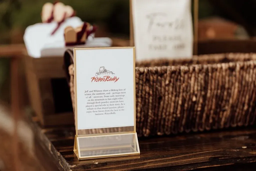 Signage at the Dorans' PistenBully wedding.