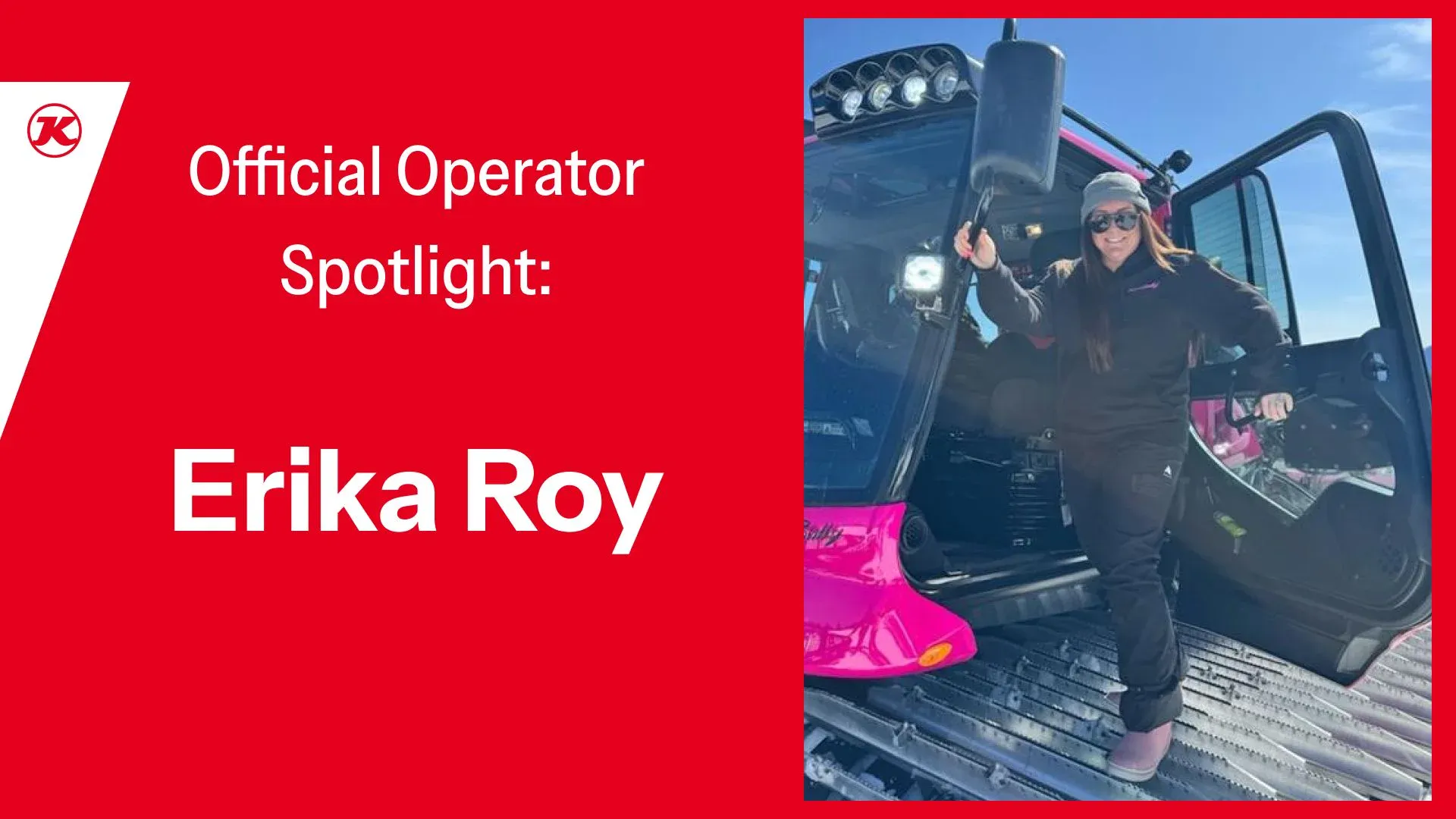 Erika standing on the tracks of her PistenBully