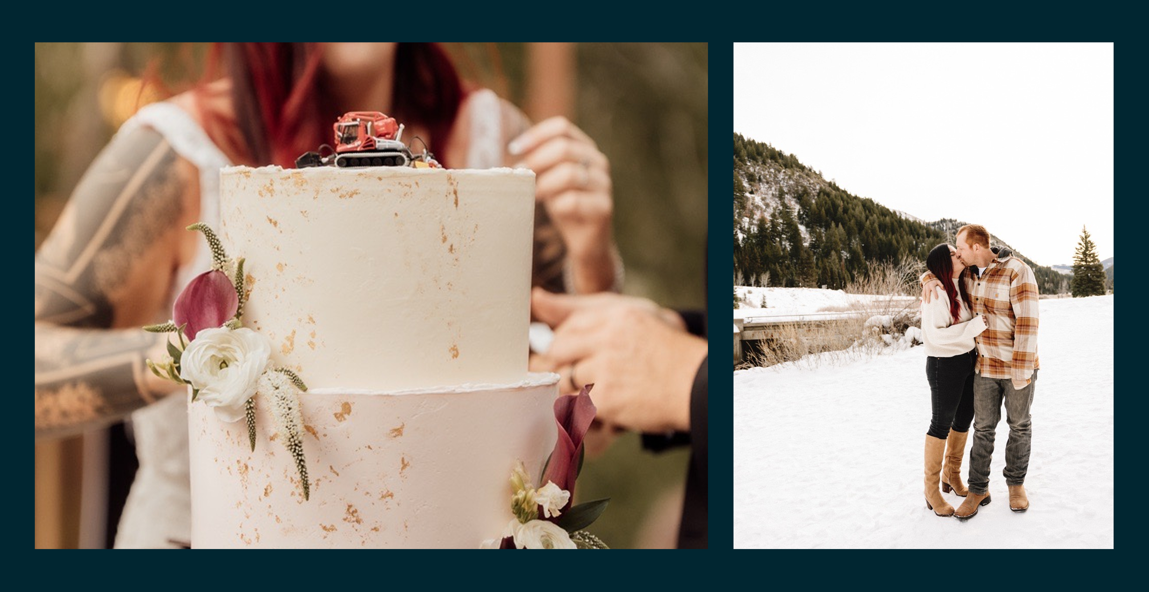 A wedding cake with a PistenBully cake topper.