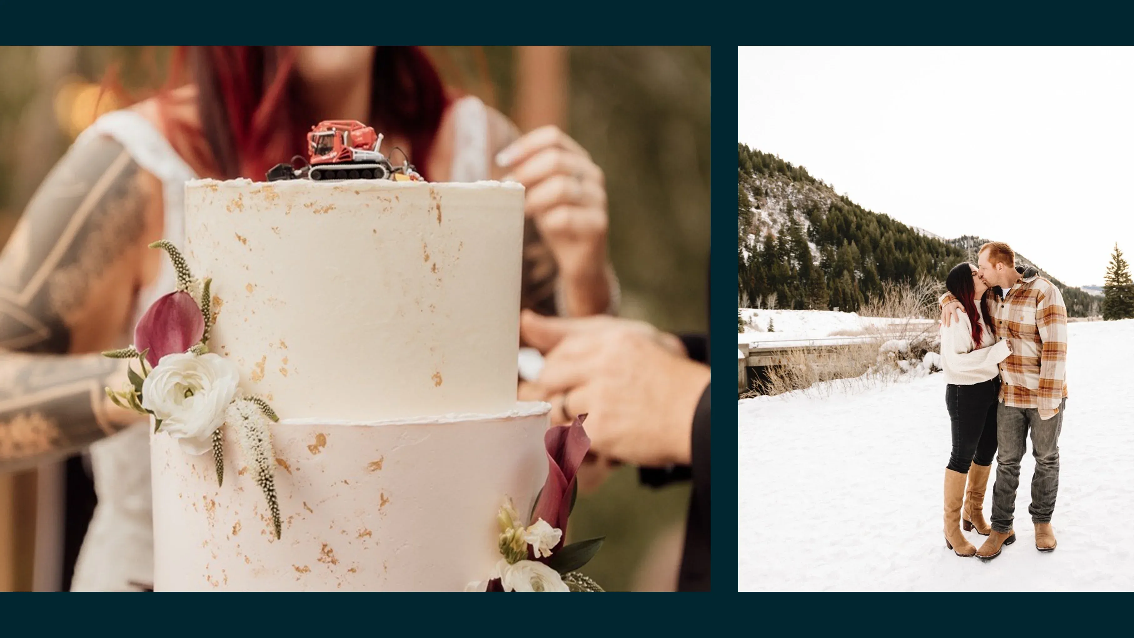 A wedding cake with a PistenBully cake topper.