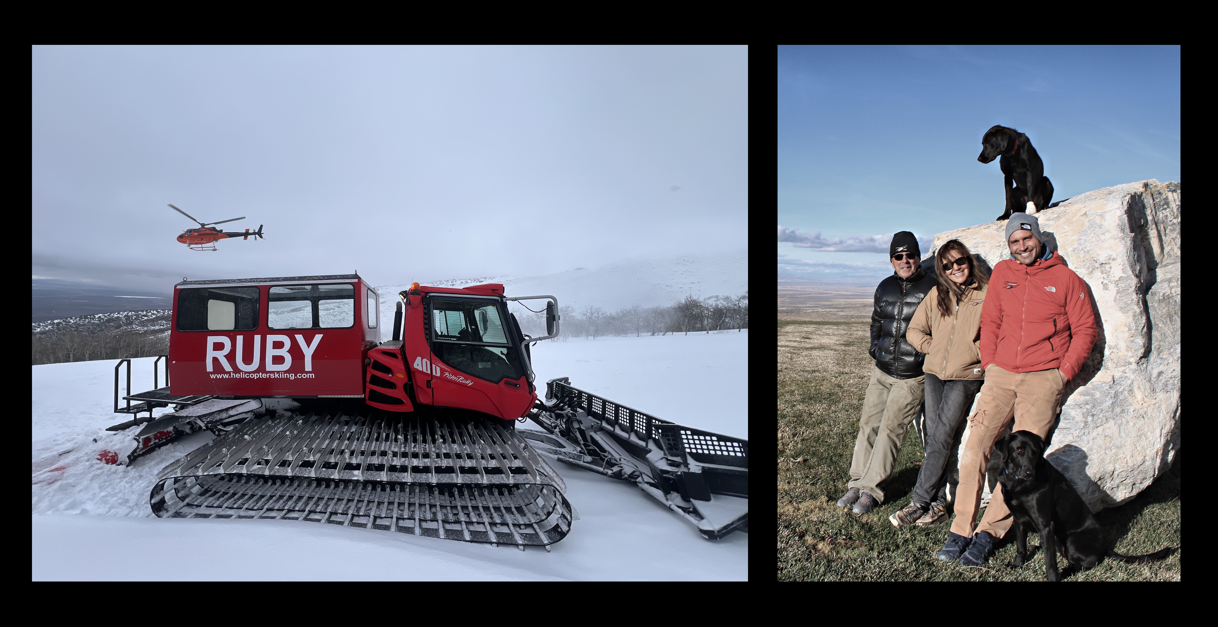 A helicopter flies over a PistenBully; the Royer family and their dogs. 
