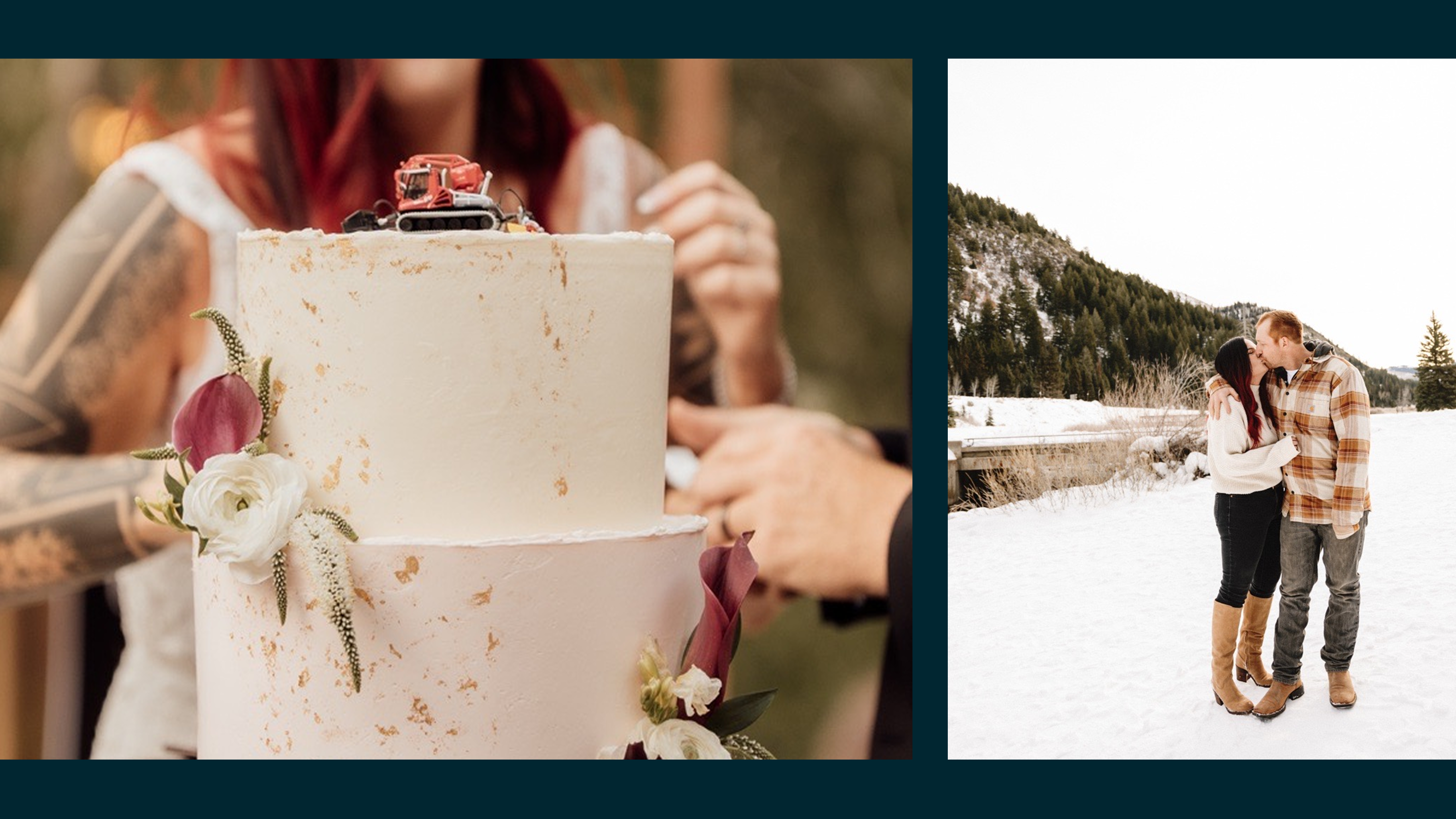 A wedding cake with a PistenBully cake topper.