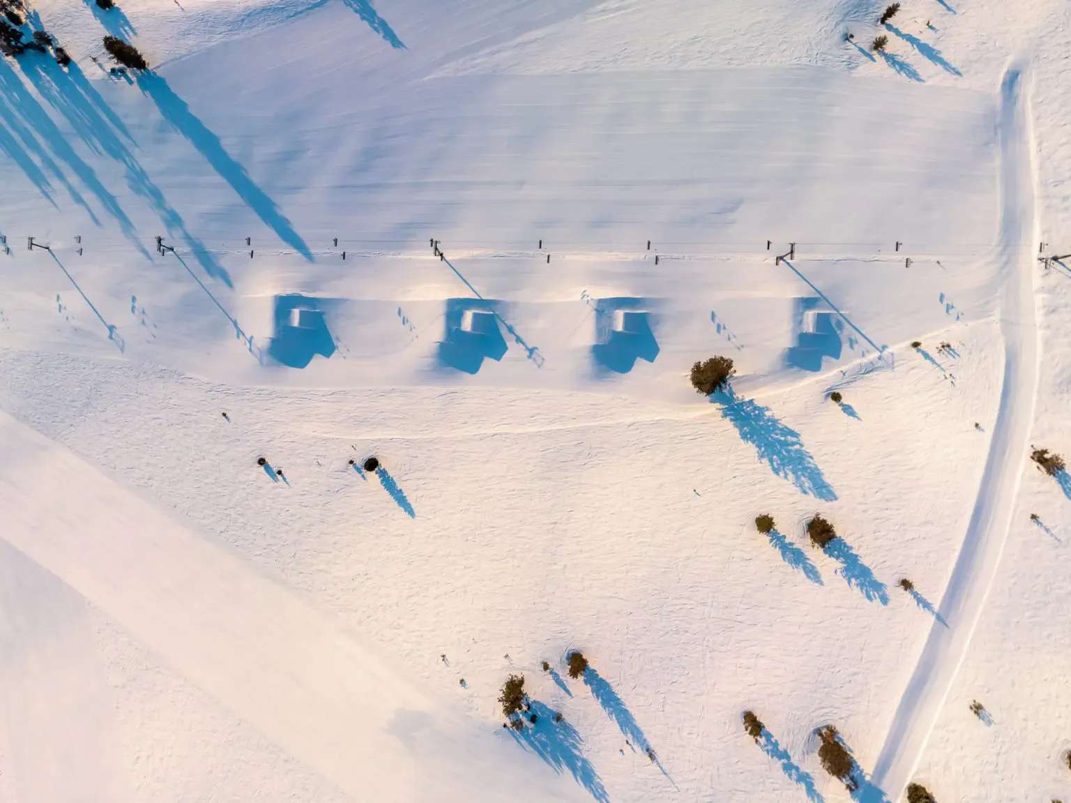 An aerial view of the jump line at Mt Rose - Ski Tahoe.