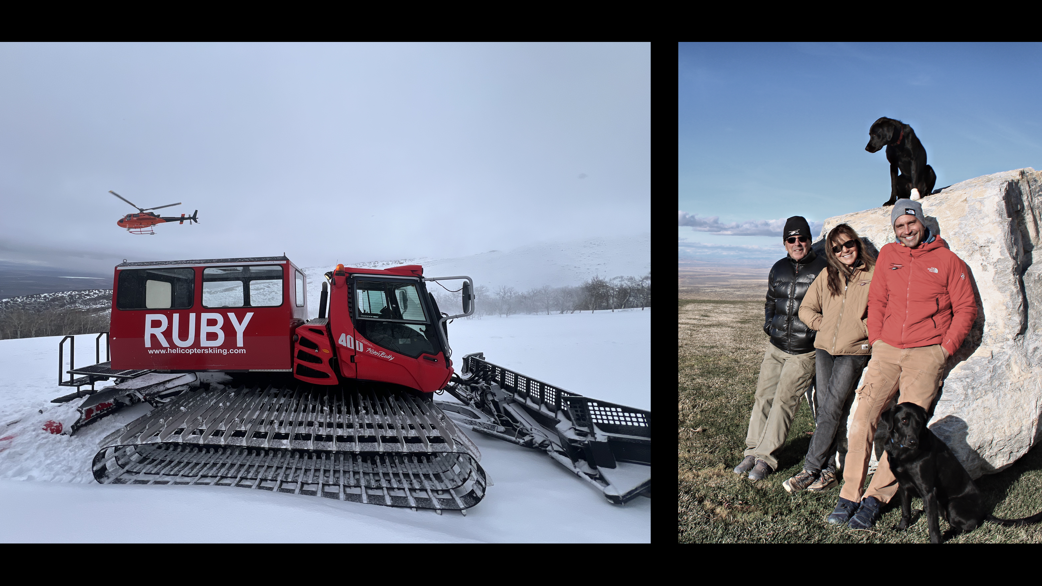 A helicopter flies over a PistenBully; the Royer family and their dogs. 