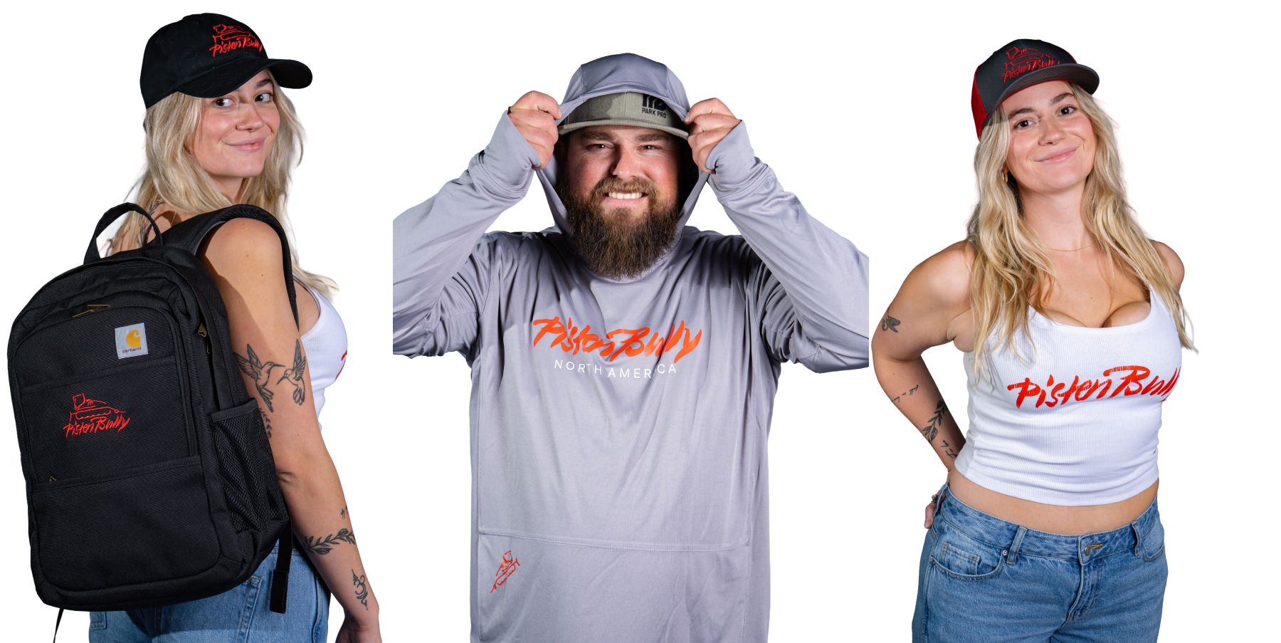 Three models wearing a backpack, a sunshirt, and a tank top from PistenBully.